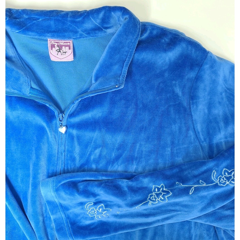City Hearts Women's DĺòBlue Velour Zip Up Hoodie Jacket Floral Embroidery